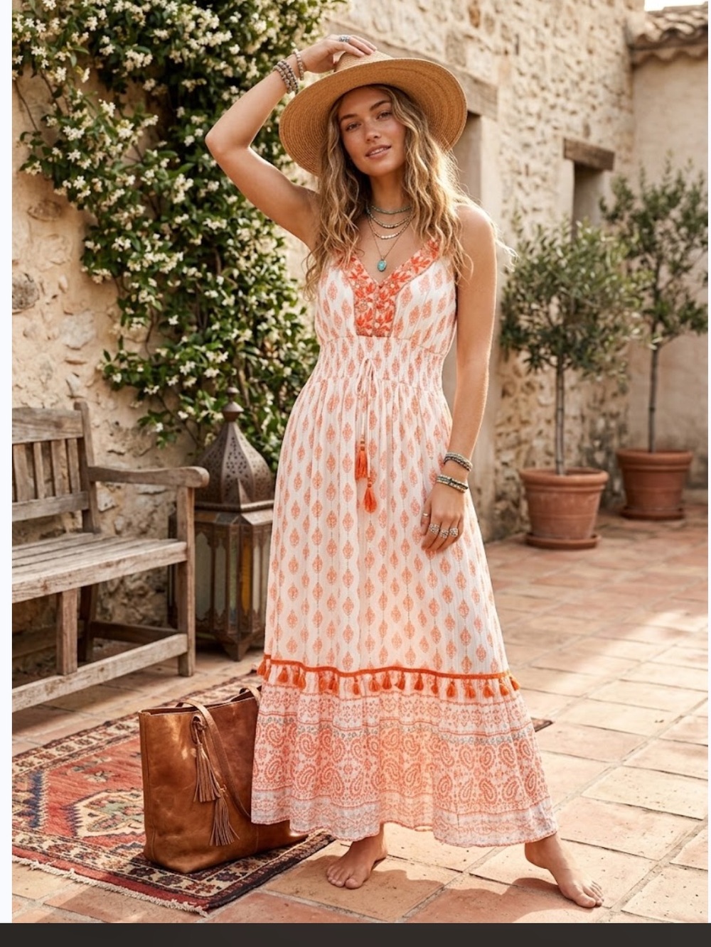 Me 2 Magic Boho Maxi Dress Orange White Embroidered V-Neck Fringe.